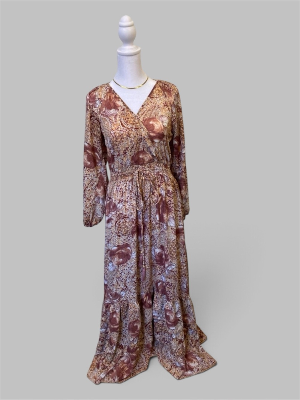 Anthro Boemo Long-Sleeved Maxi Dress S V-Neck Floral Ruffle Cottagecore Prairie